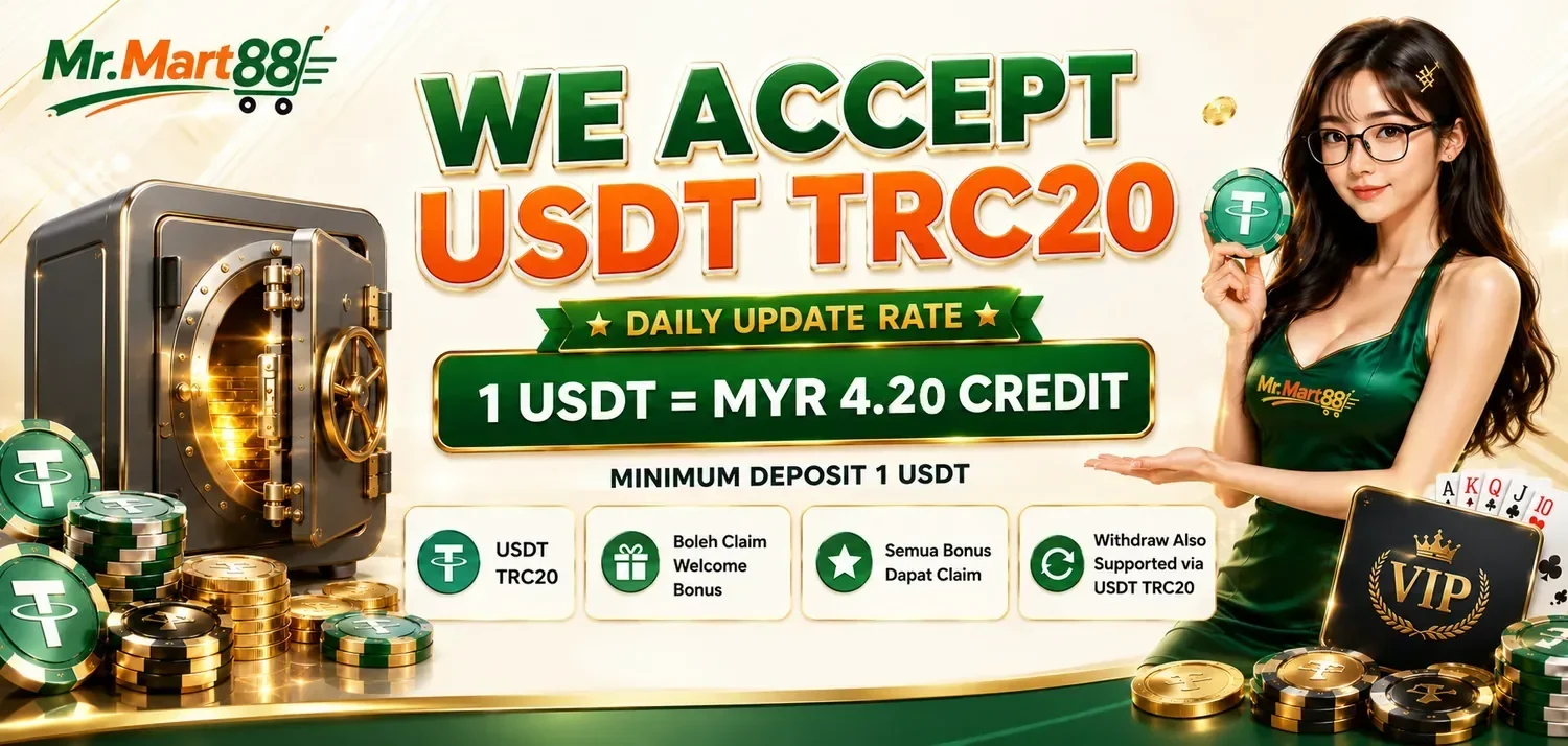 MrMart88 USDT TRC20 deposit banner, 1 USDT to MYR 4.20 credit
